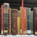 row of books on the shelf, with spines facing out